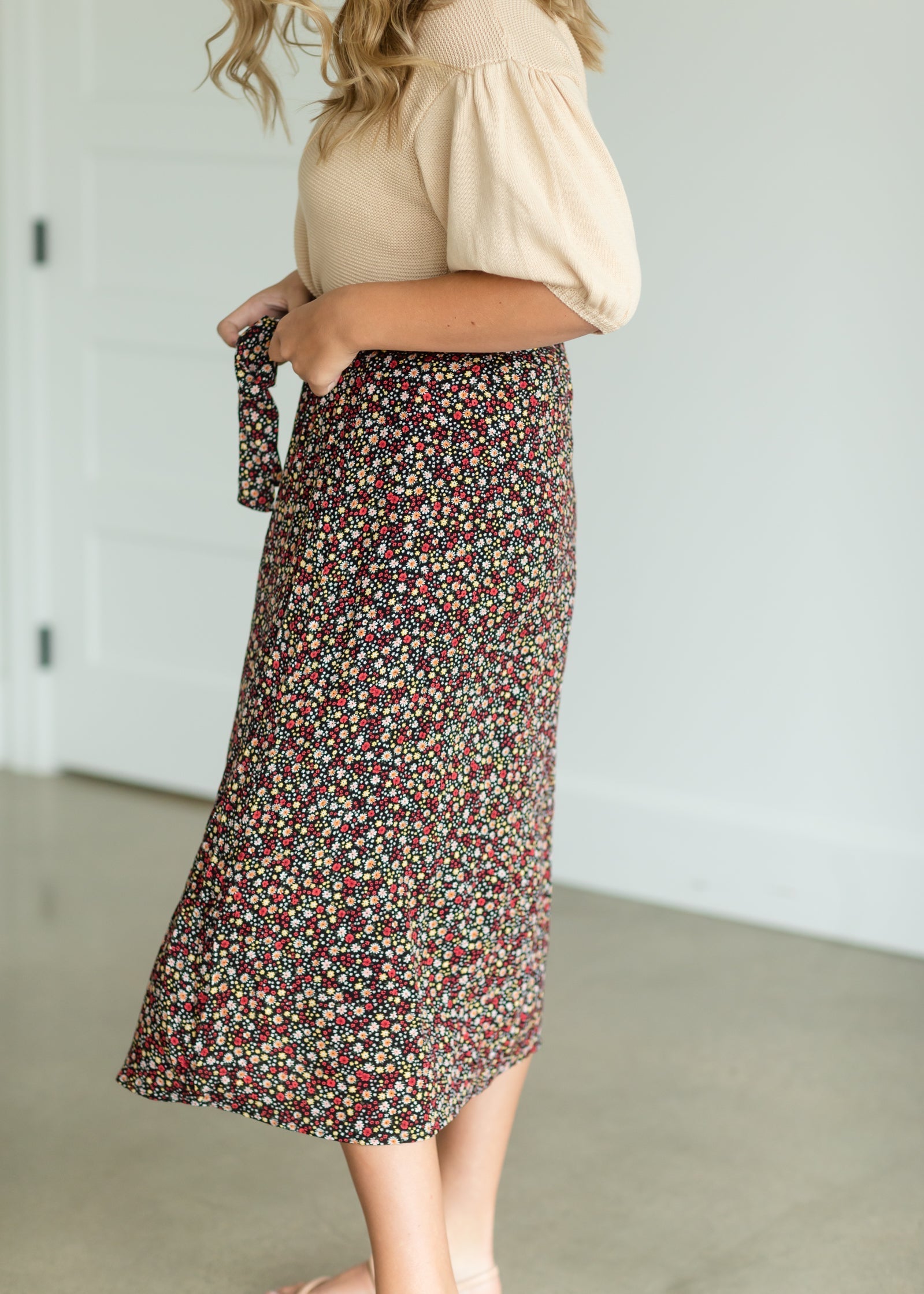 Black Ditsy Floral Belted Midi Skirt - FINAL SALE Skirts