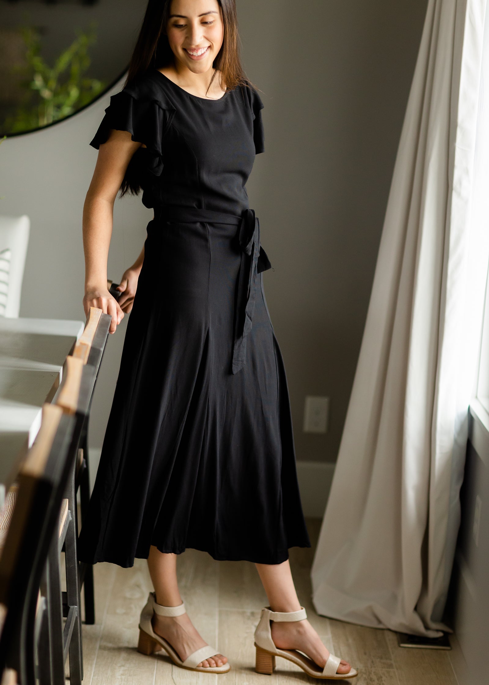 Black Flutter Sleeve Tie Waist Maxi Dress Dresses