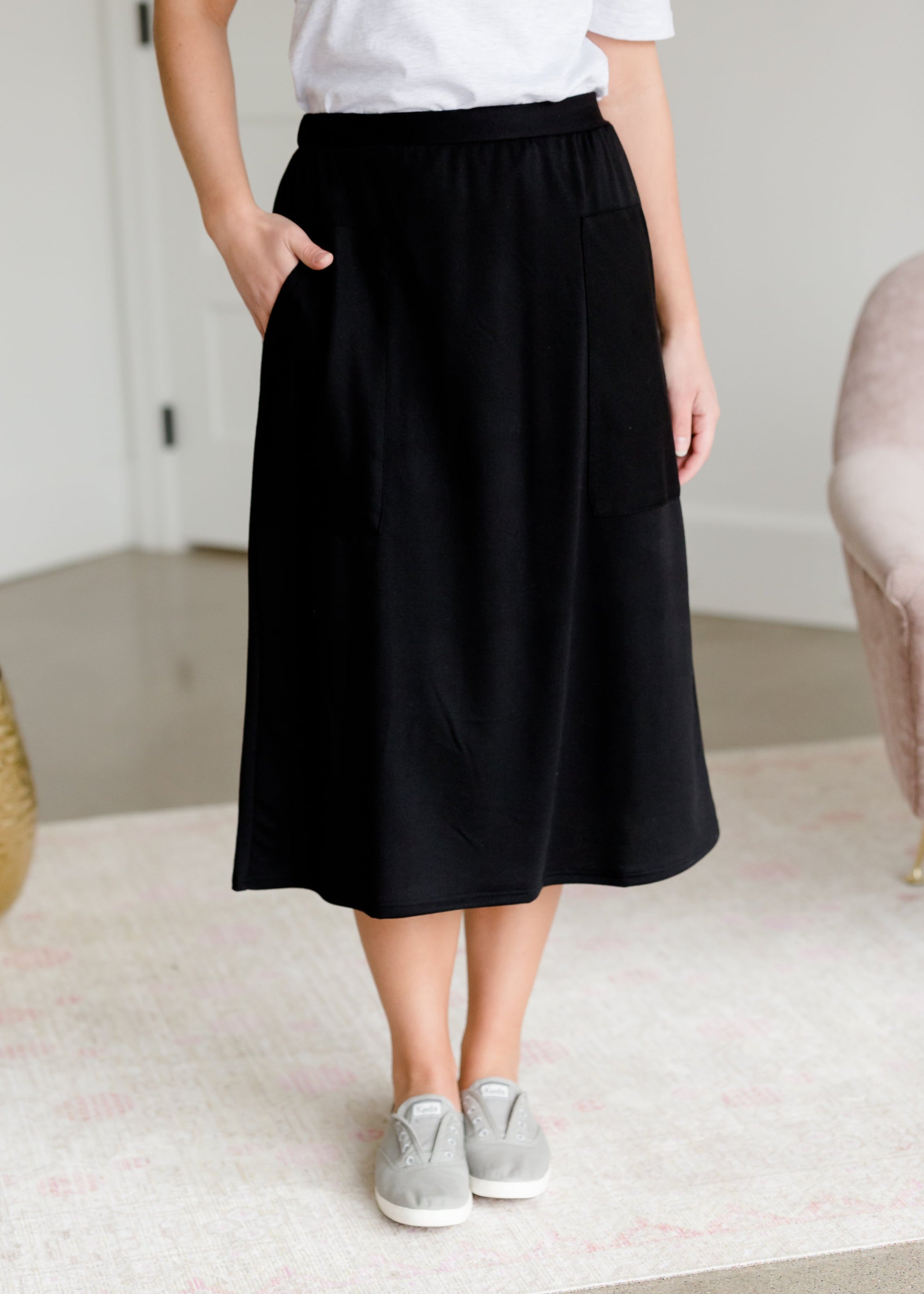 Black Knit Pocket Midi Skirt Skirts