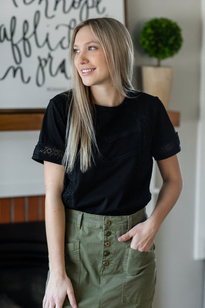 Black Lace Detail T-Shirt - FINAL SALE Tops