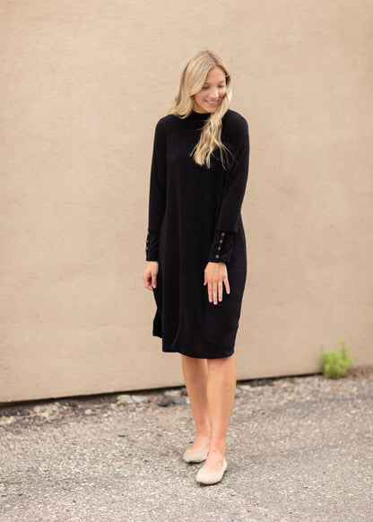 Black Long Sleeve Button Midi Dress Dresses