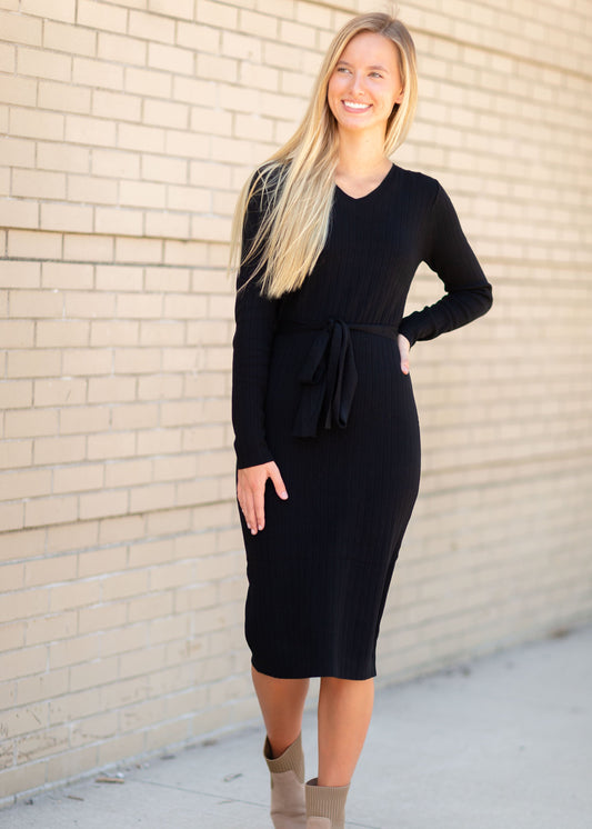 Black Ribbed Belted Midi Dress Dress