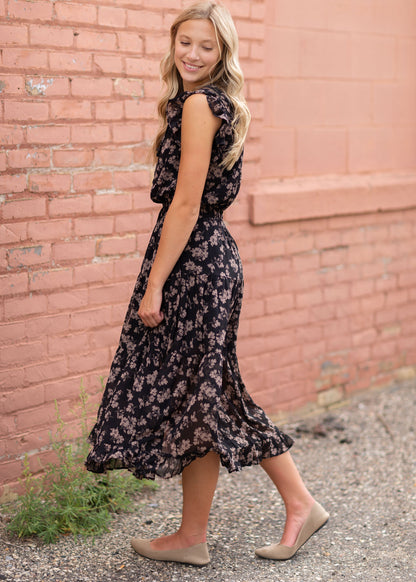 Black Ruffle Floral Midi Dress Dresses