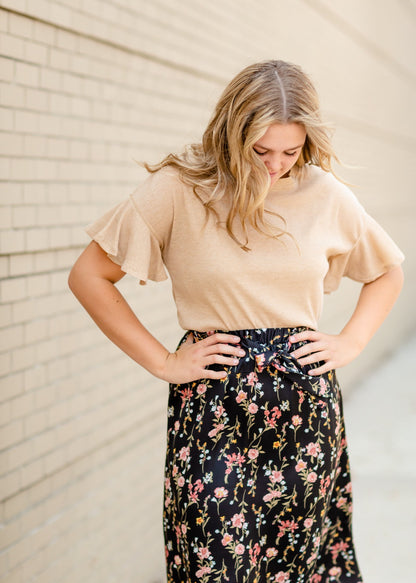 Black Satin Floral Midi Skirt Dresses Tea N Rose