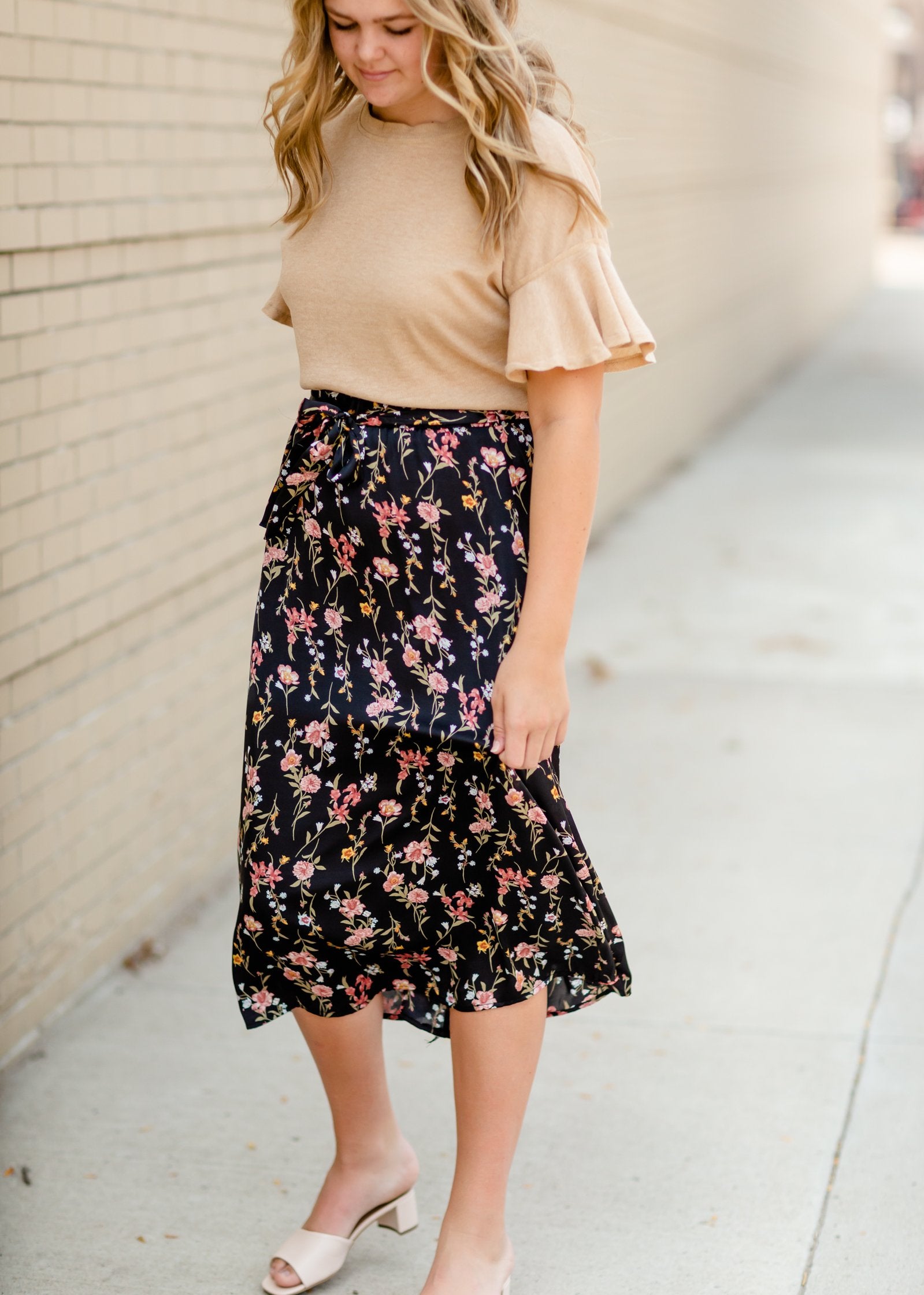 Black Satin Floral Midi Skirt Dresses Tea N Rose