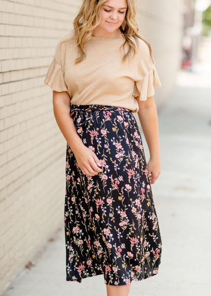 Black Satin Floral Midi Skirt Dresses Tea N Rose