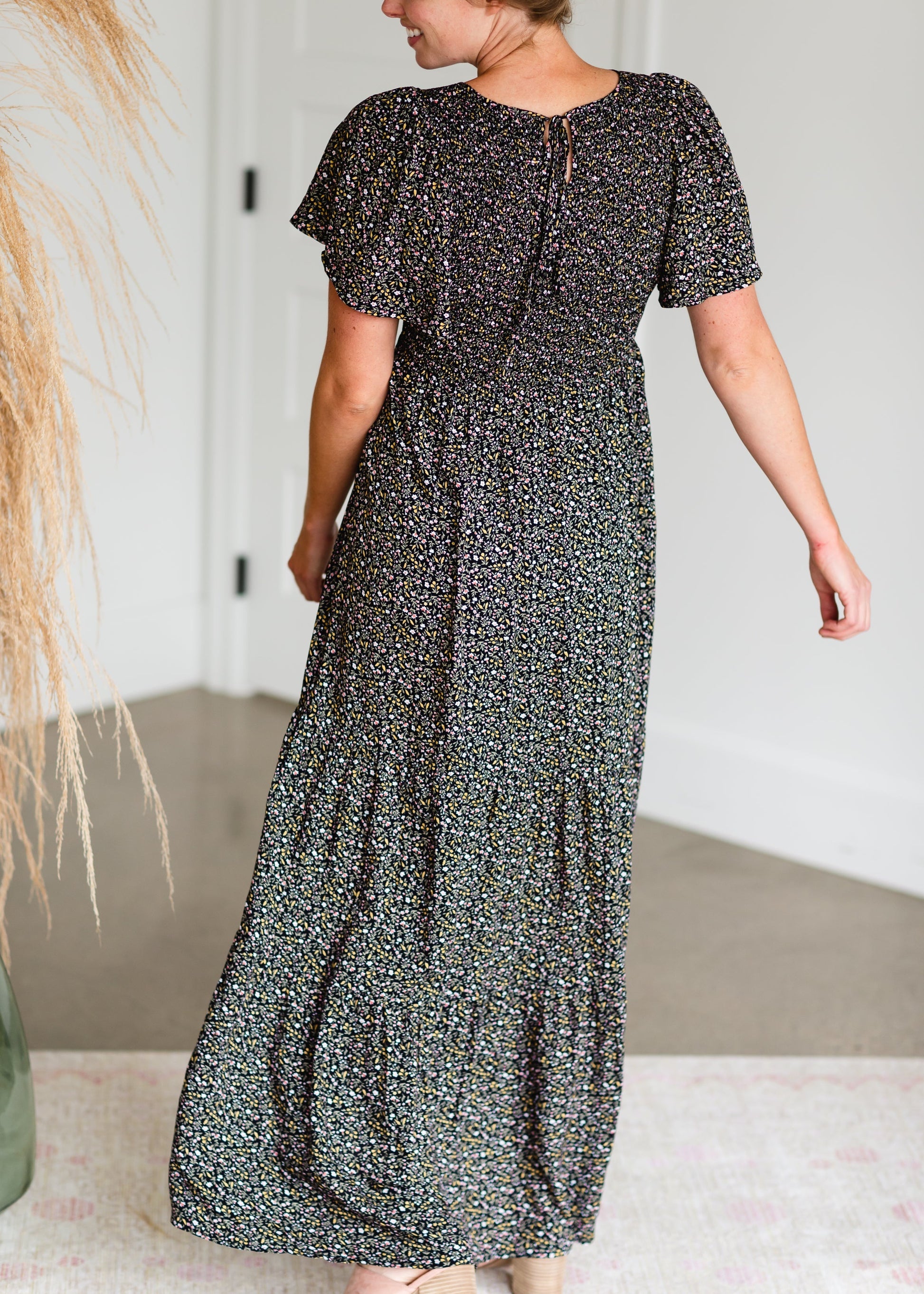 Black Smocked Flutter Sleeve Floral Maxi Dress - FINAL SALE Dresses