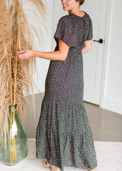 Black Smocked Flutter Sleeve Floral Maxi Dress - FINAL SALE Dresses