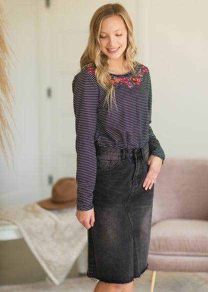 Black Striped Knit Embroidered Top - FINAL SALE Tops