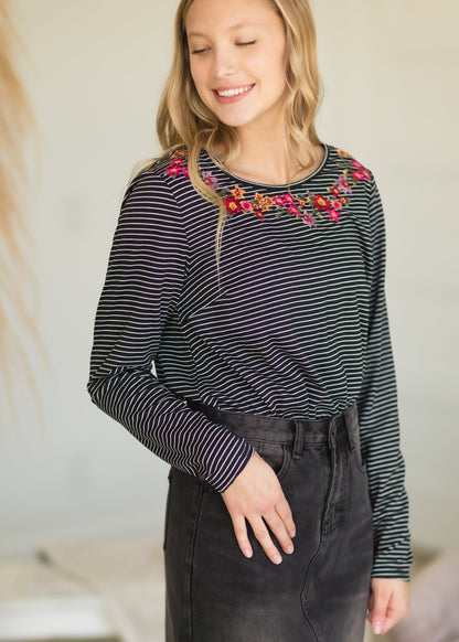 Black Striped Knit Embroidered Top - FINAL SALE Tops