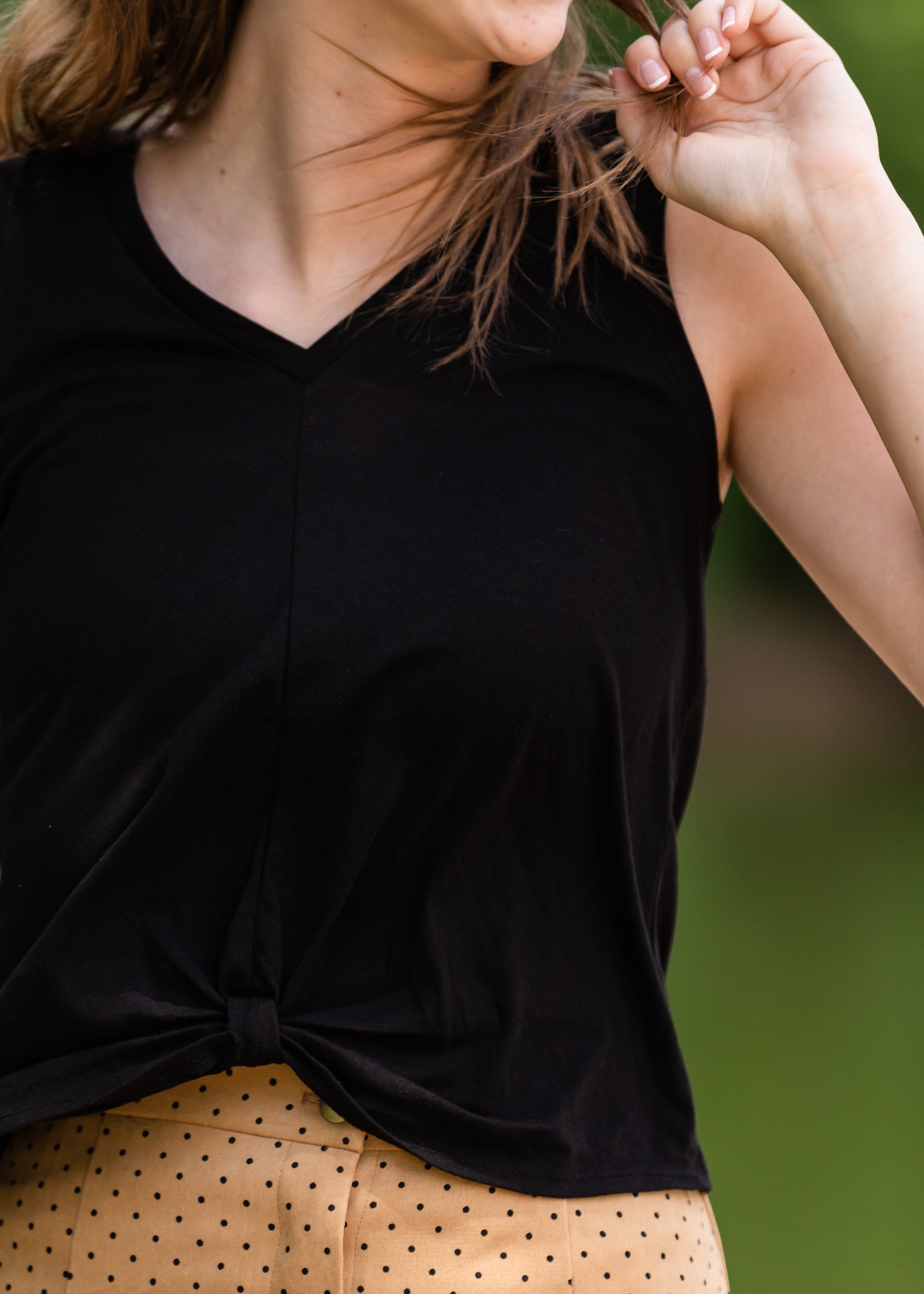 Black Triblend Front Knot Tank Top Tops