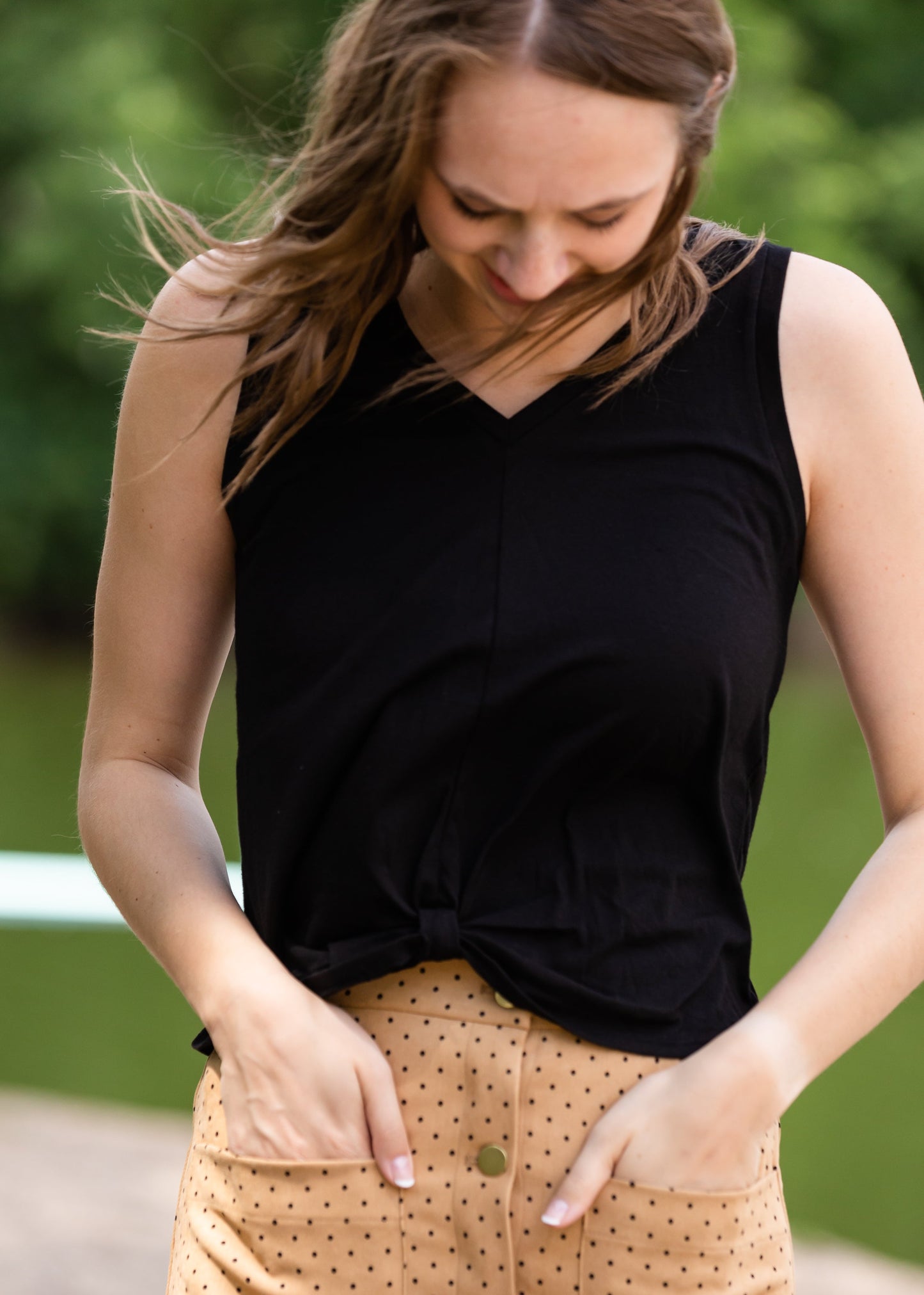 Black Triblend Front Knot Tank Top Tops