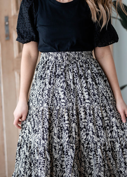 Black & White Leaf Print Tiered Midi Skirt Skirts Hayden