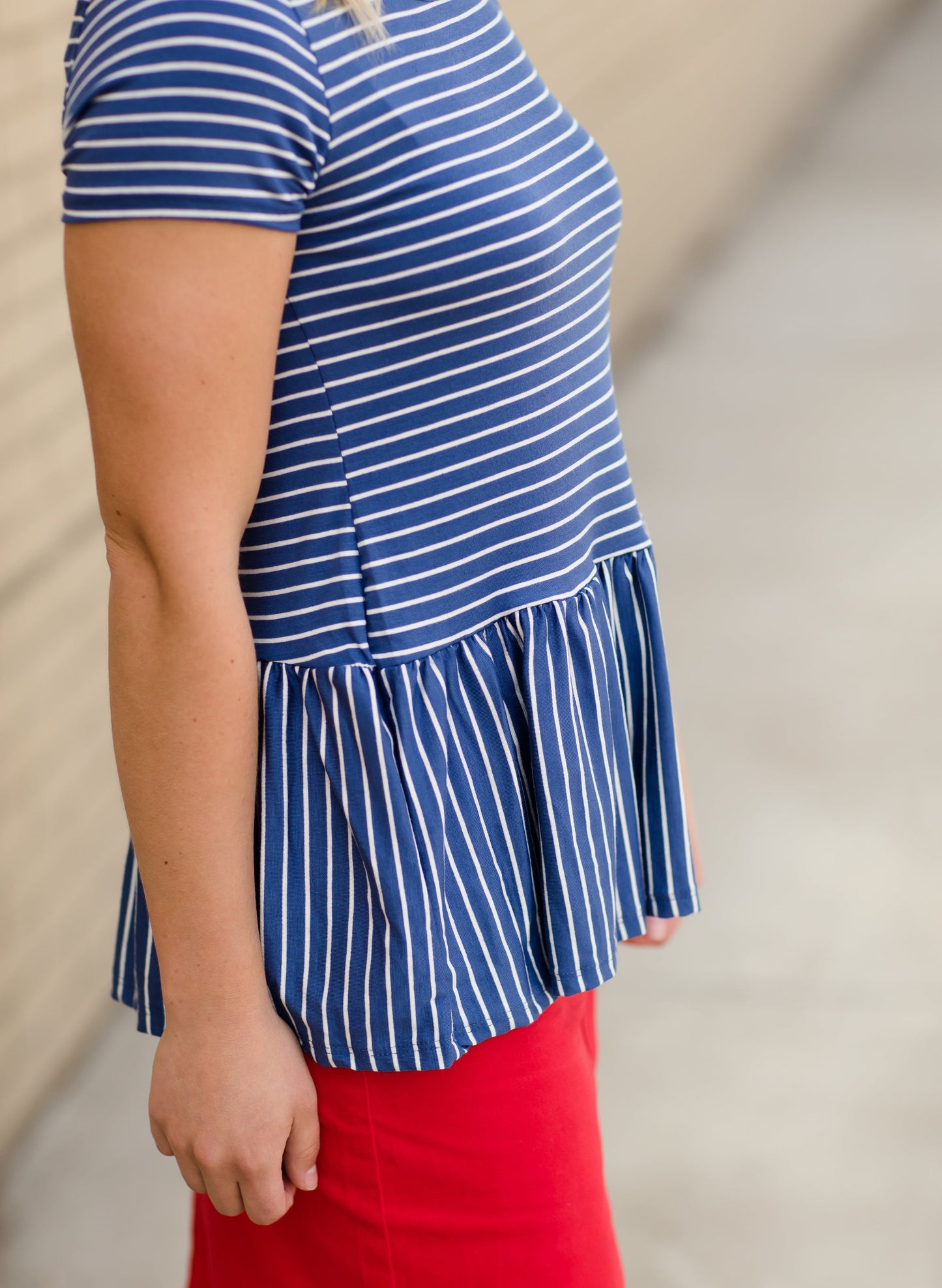 Blue and White Striped Peplum Top Tops