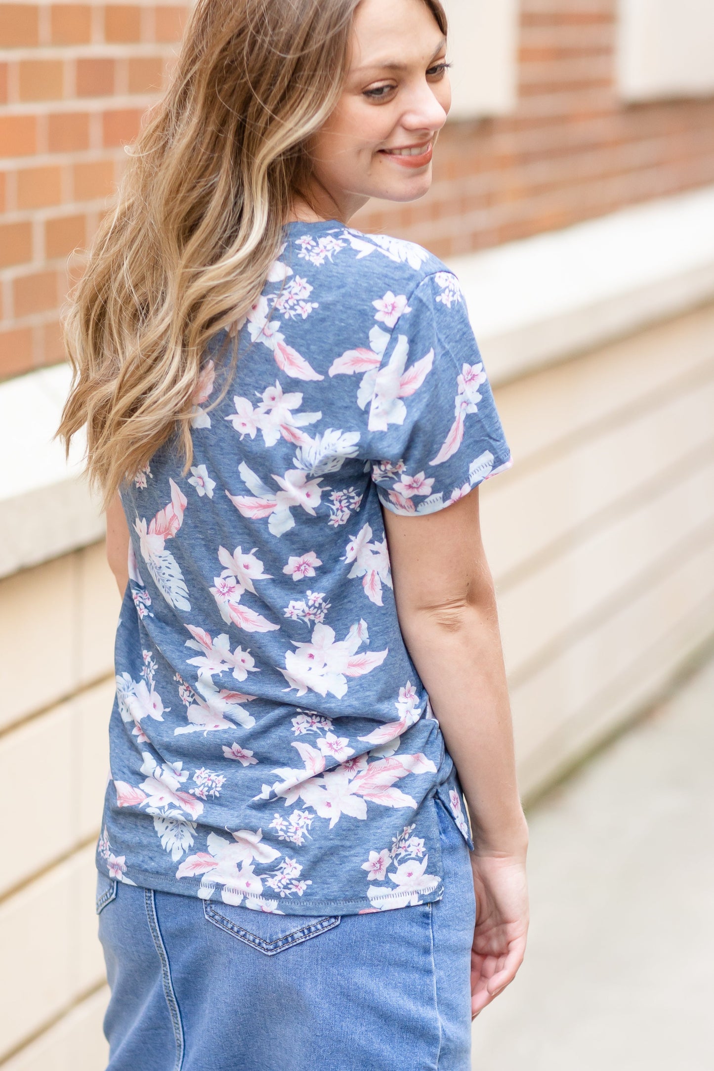 Blue Floral Classic V-Neck Tops