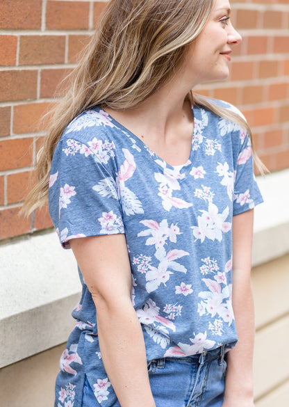 Blue Floral Classic V-Neck Tops