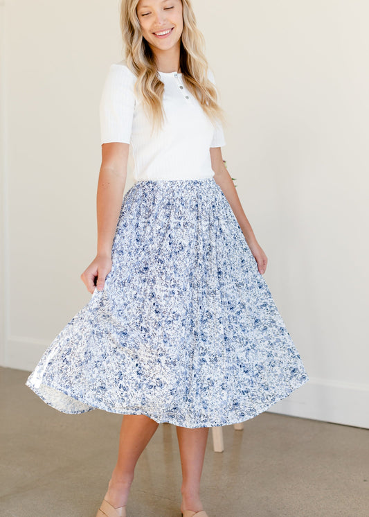 Blue Floral Pleated Midi Skirt Skirts