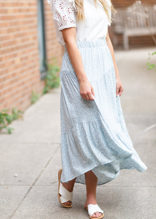 Blue Floral Print Midi Skirt with Ruffle Hem Skirts