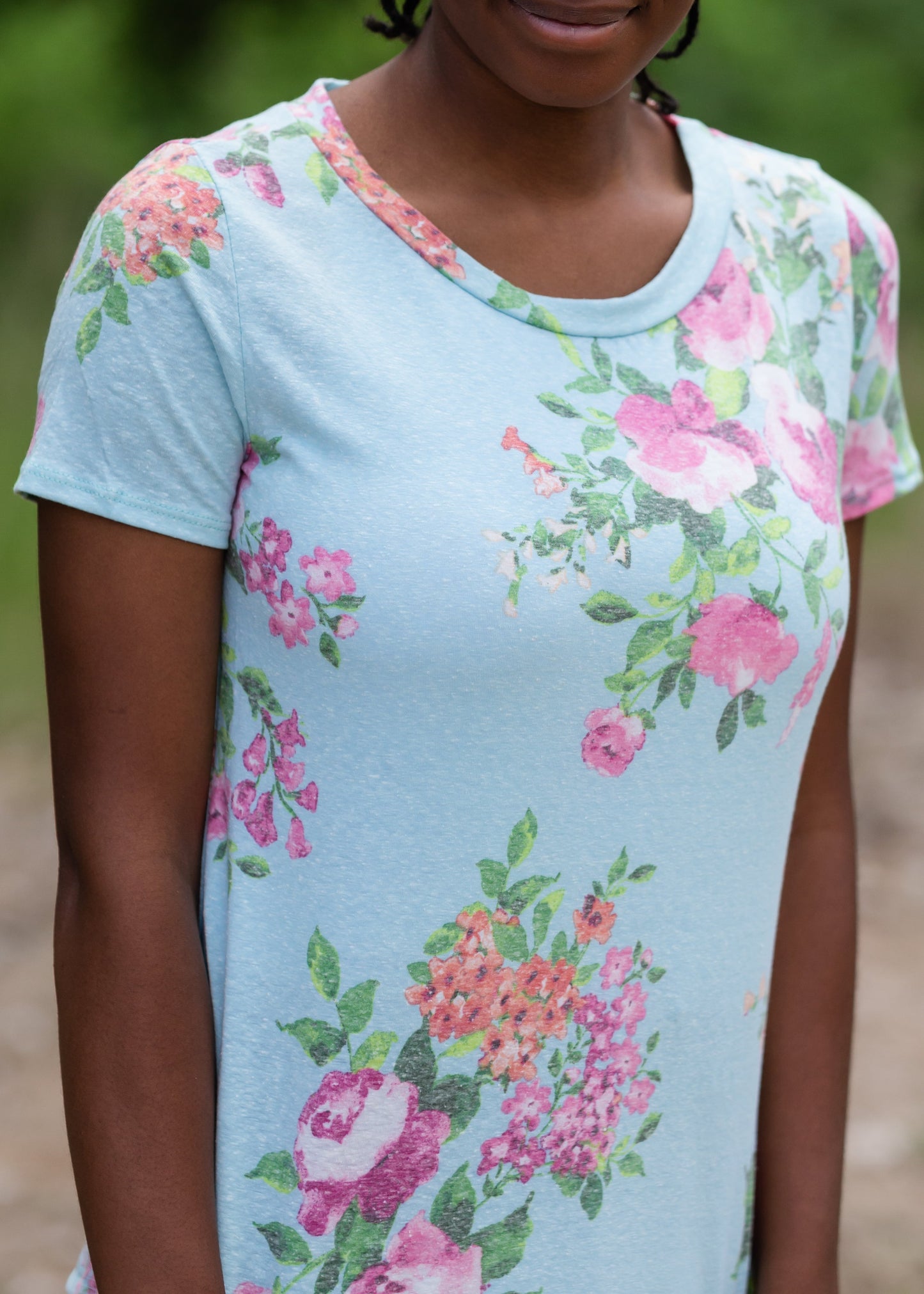 Blue Floral Print Short Sleeve Top Tops