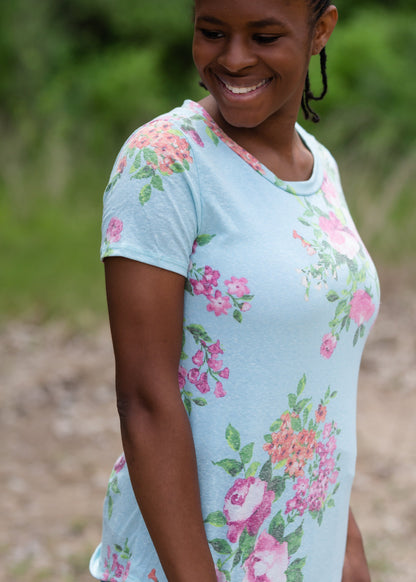 Blue Floral Print Short Sleeve Top Tops