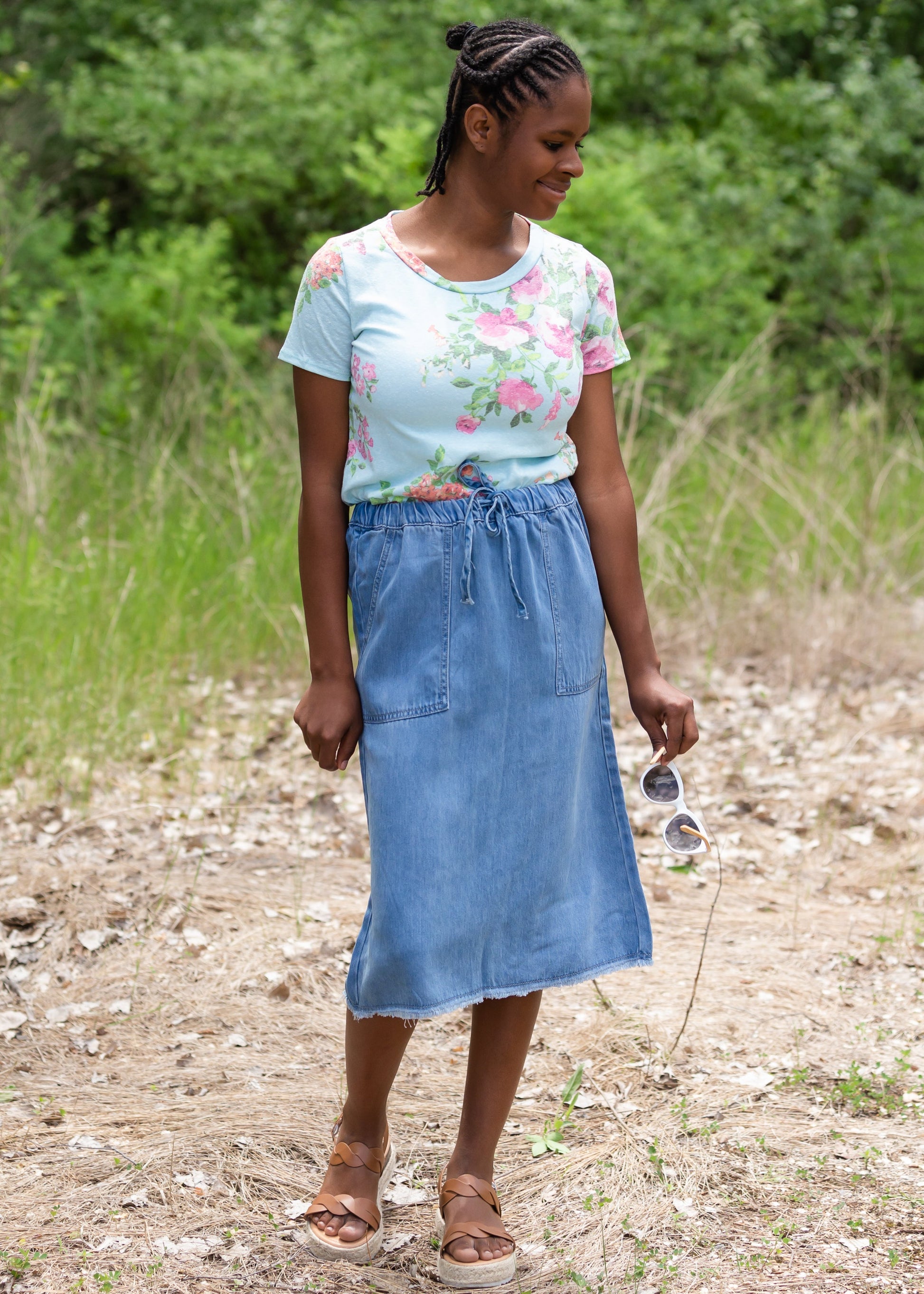 Blue Floral Print Short Sleeve Top Tops