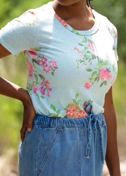 Blue Floral Print Short Sleeve Top Tops