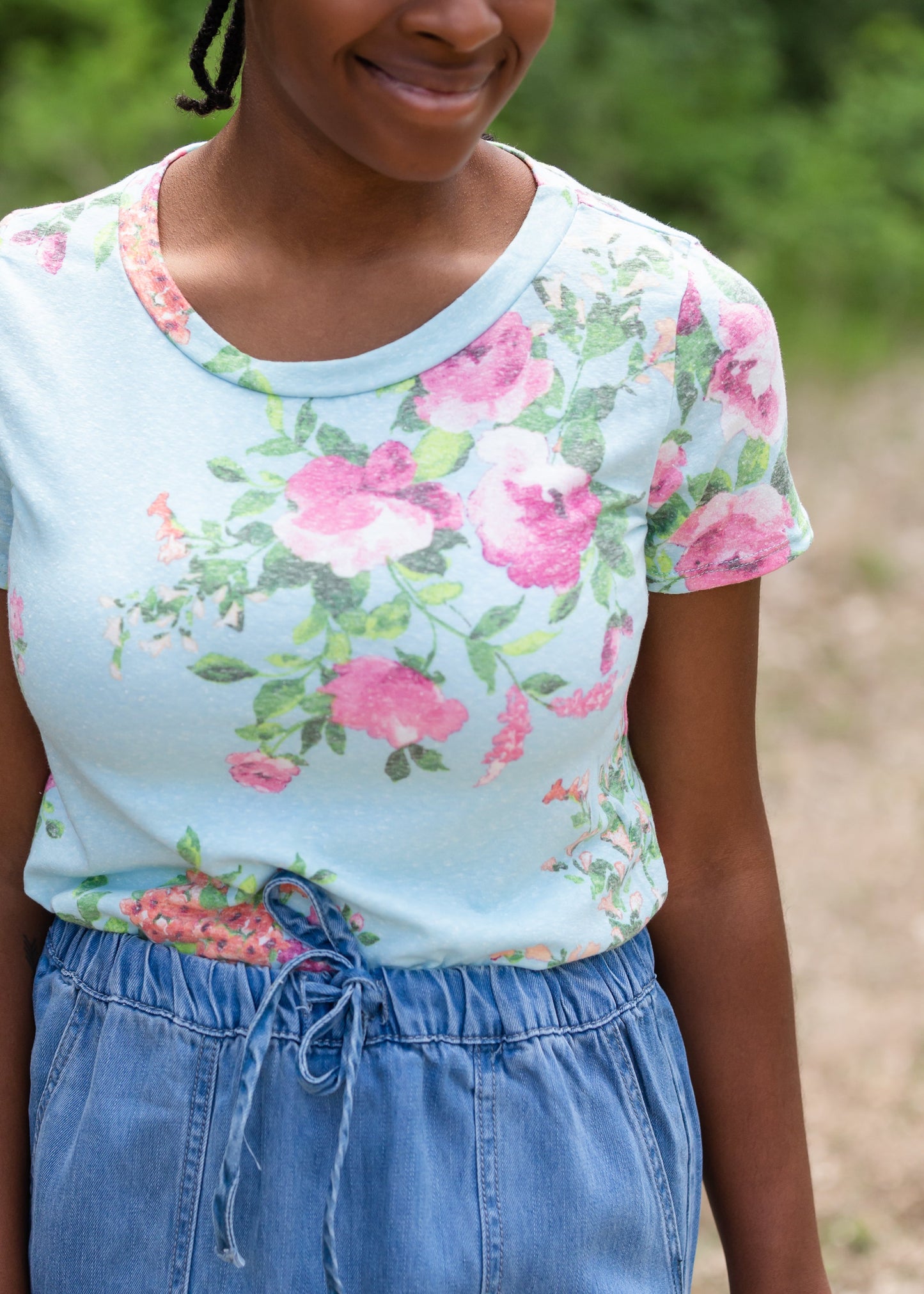 Blue Floral Print Short Sleeve Top Tops