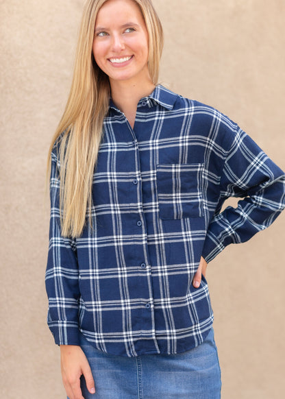 Blue Plaid Button Up Tops