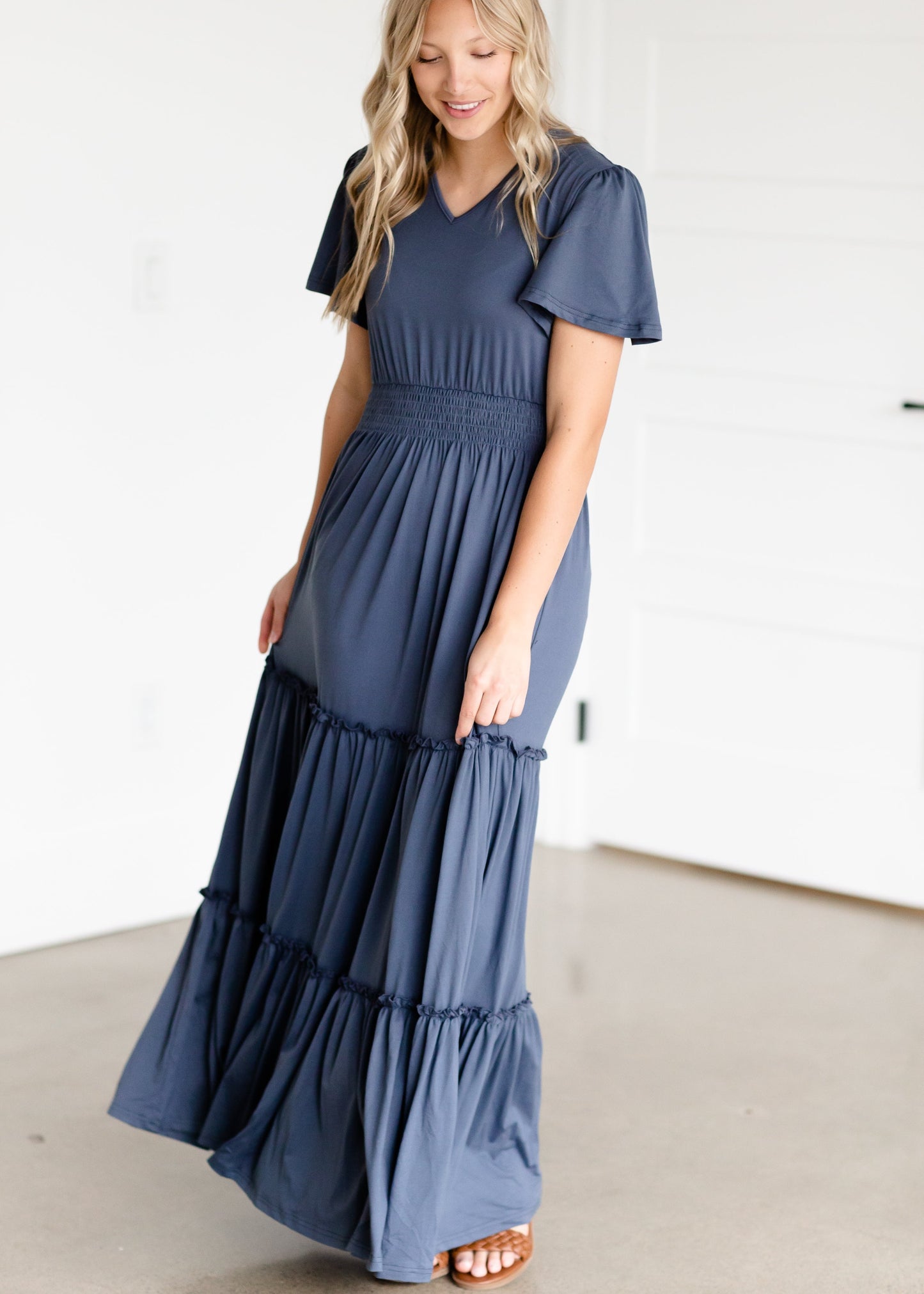 Blue Tiered Cinched Waist Maxi Dress Dresses