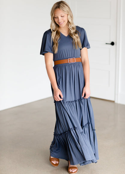 Blue Tiered Cinched Waist Maxi Dress Dresses