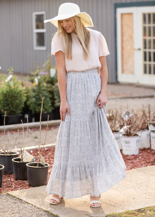 Blue Tiered Print Maxi Skirt Skirts Tea N Rose