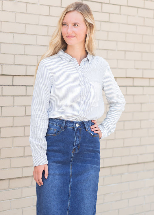 Blue + White Striped Long Sleeve Top Tops