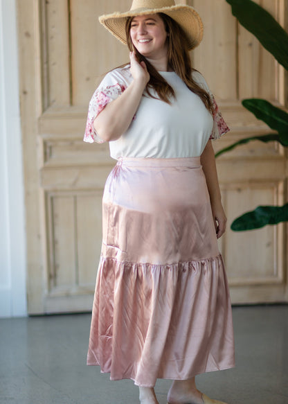 Blush Satin Tiered Midi Skirt - FINAL SALE Skirts