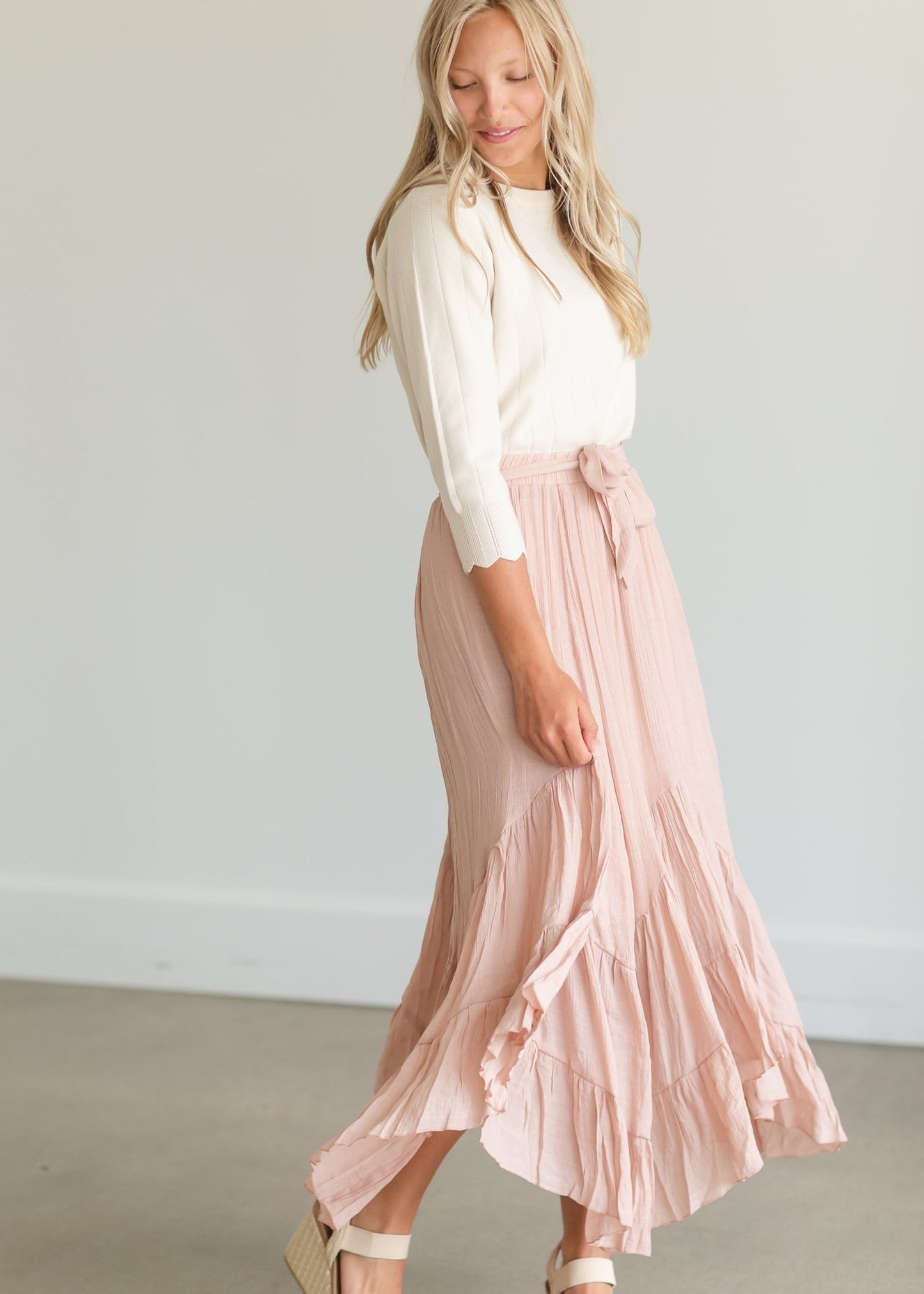 Blush Tie Waist Flowy Midi Skirt Skirts