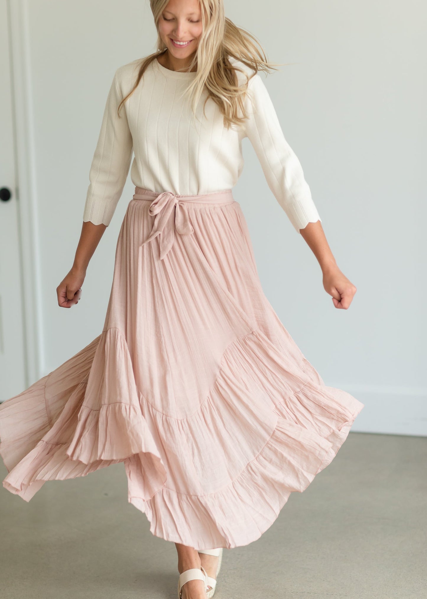 Blush Tie Waist Flowy Midi Skirt Skirts