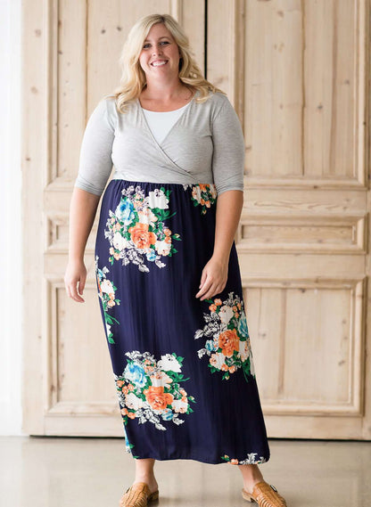 Womens modest navy and floral plus size dress