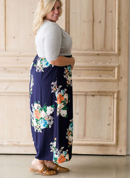 Womens modest navy and floral plus size dress