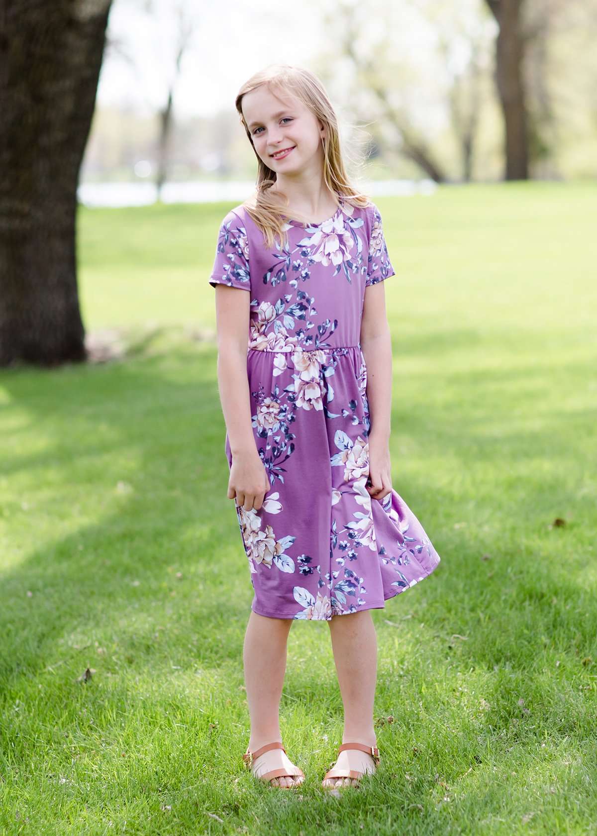 girls purple floral midi dress