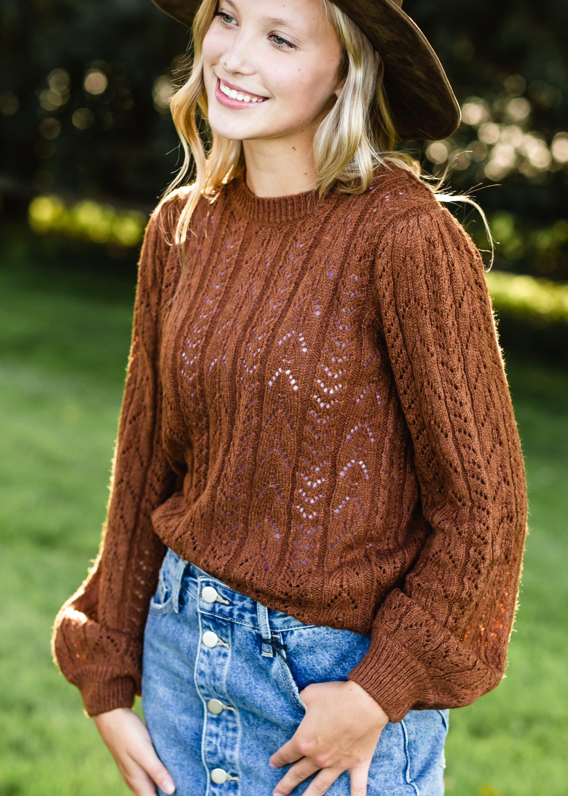 Brown Crochet Bell Sleeve Sweater Tops