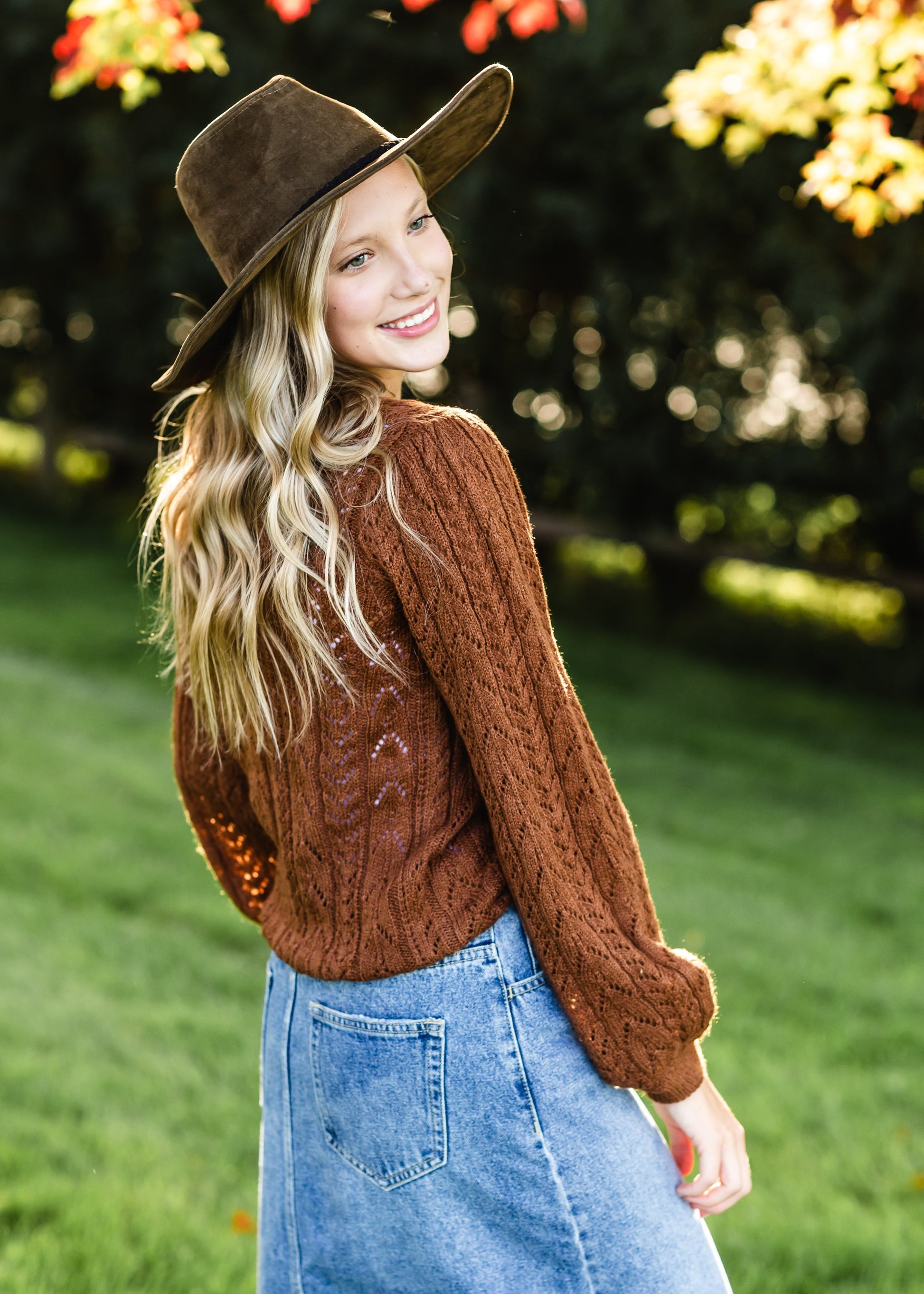 Brown Crochet Bell Sleeve Sweater Tops