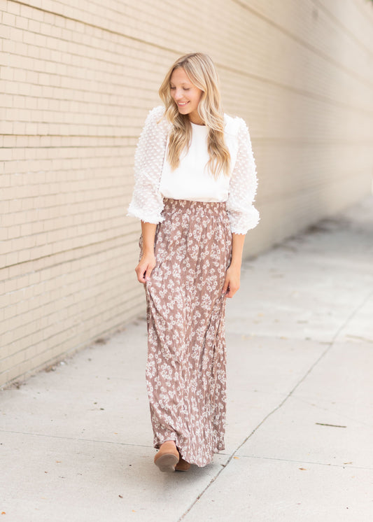 Brown Daffodil Pleated Maxi Skirt Skirts