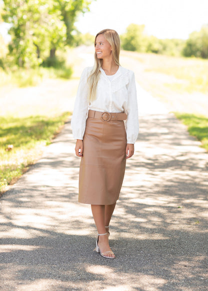 Brown Faux Leather Midi Skirt Skirts