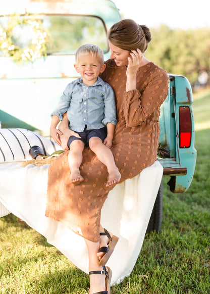 Brown Long Sleeve Swiss Dot Midi Dress - FINAL SALE Dresses