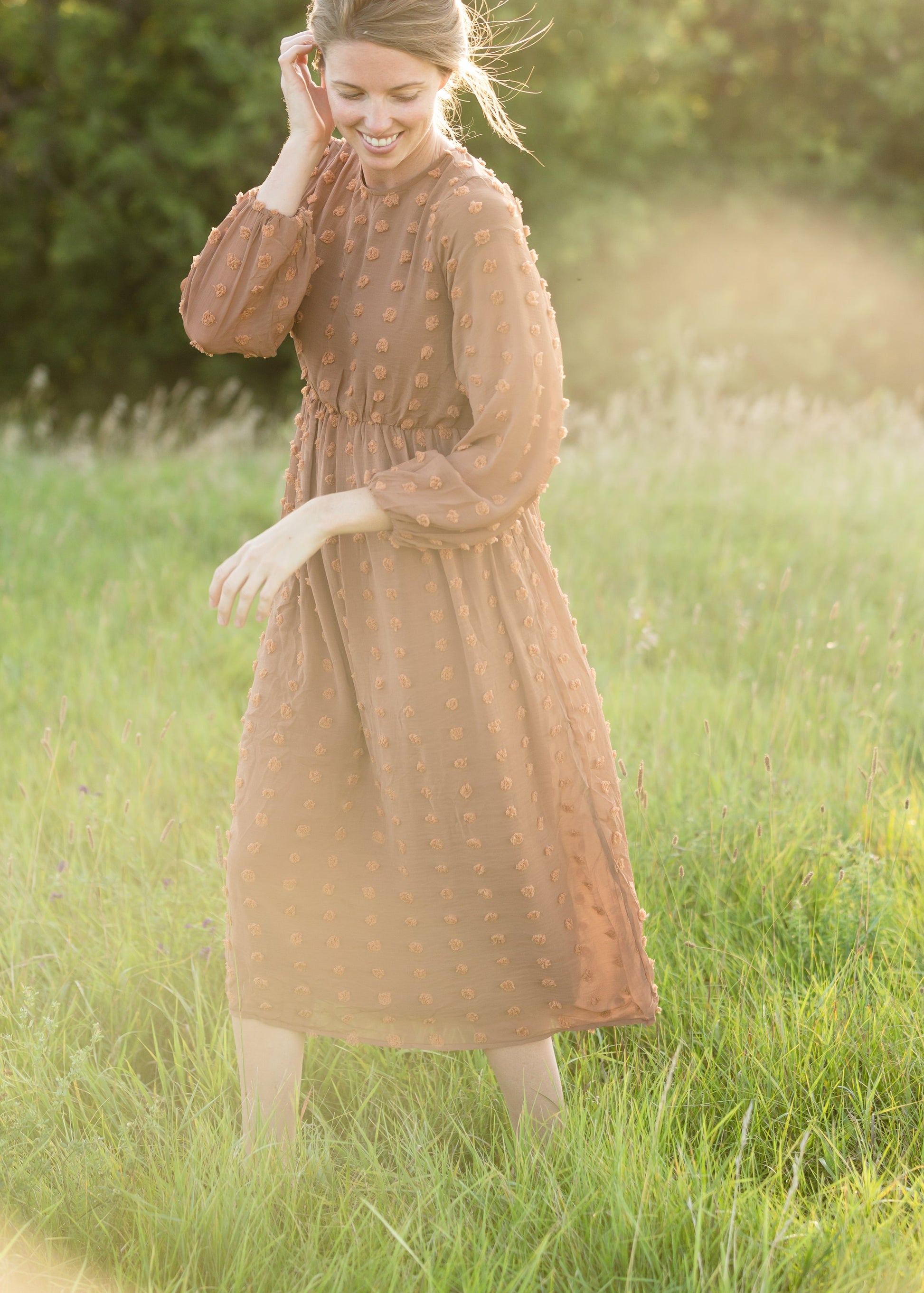 Brown Long Sleeve Swiss Dot Midi Dress - FINAL SALE Dresses