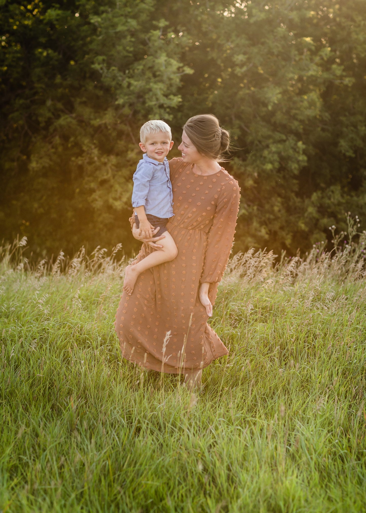 Brown Long Sleeve Swiss Dot Midi Dress - FINAL SALE Dresses