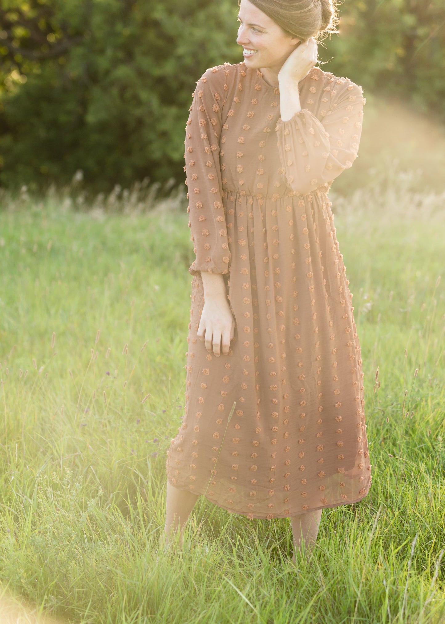 Brown Long Sleeve Swiss Dot Midi Dress - FINAL SALE Dresses