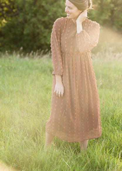 Brown Long Sleeve Swiss Dot Midi Dress - FINAL SALE Dresses