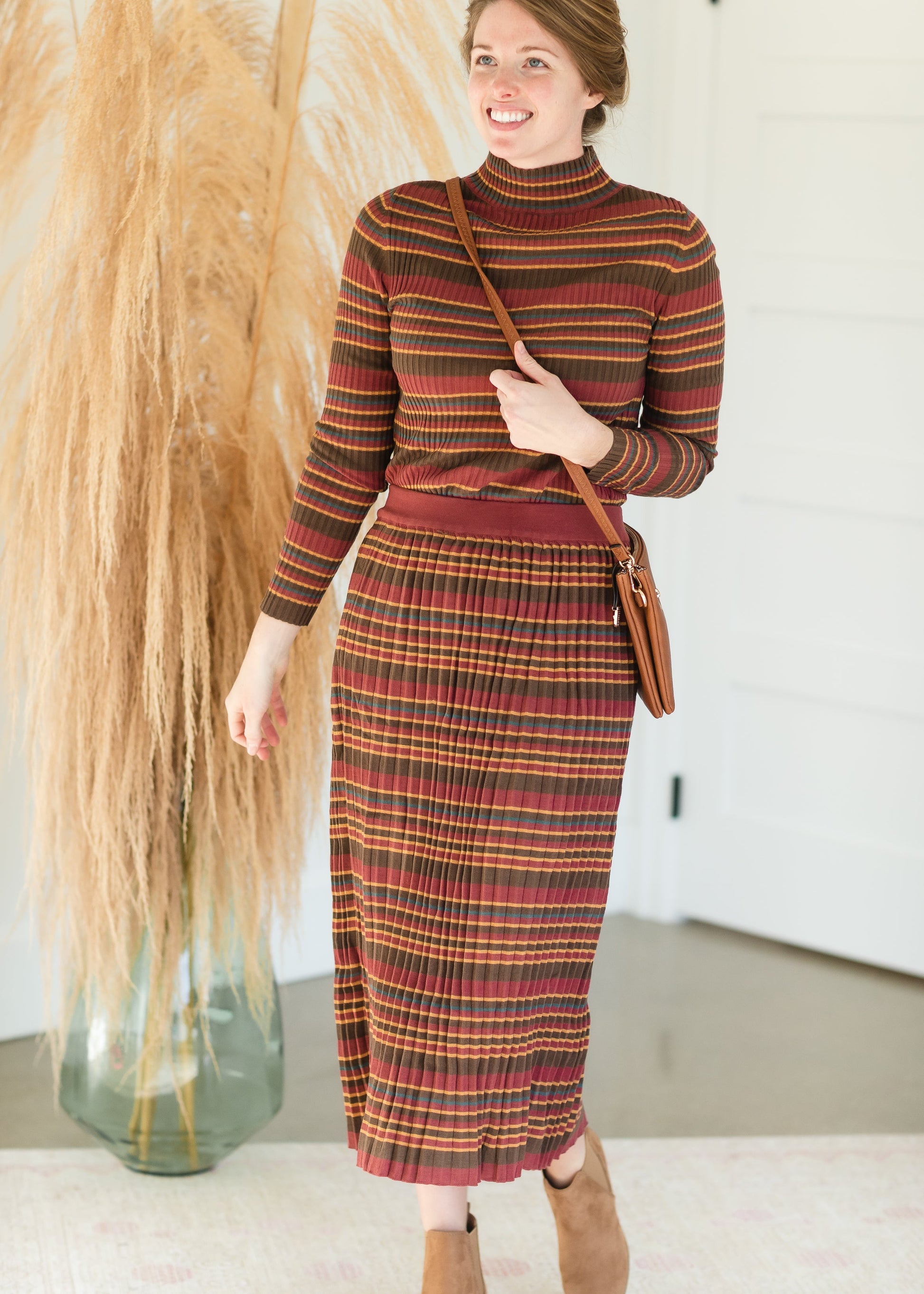 Brown Multi Stripe Ribbed Sweater Skirt - FINAL SALE Tops