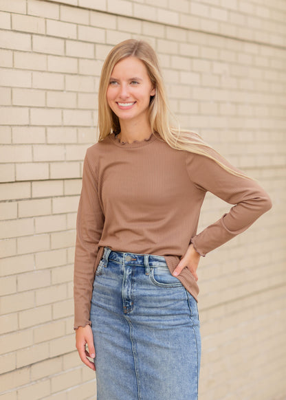 Brown Ruffle Neck Top Tops