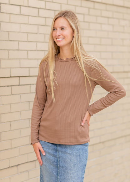 Brown Ruffle Neck Top Tops